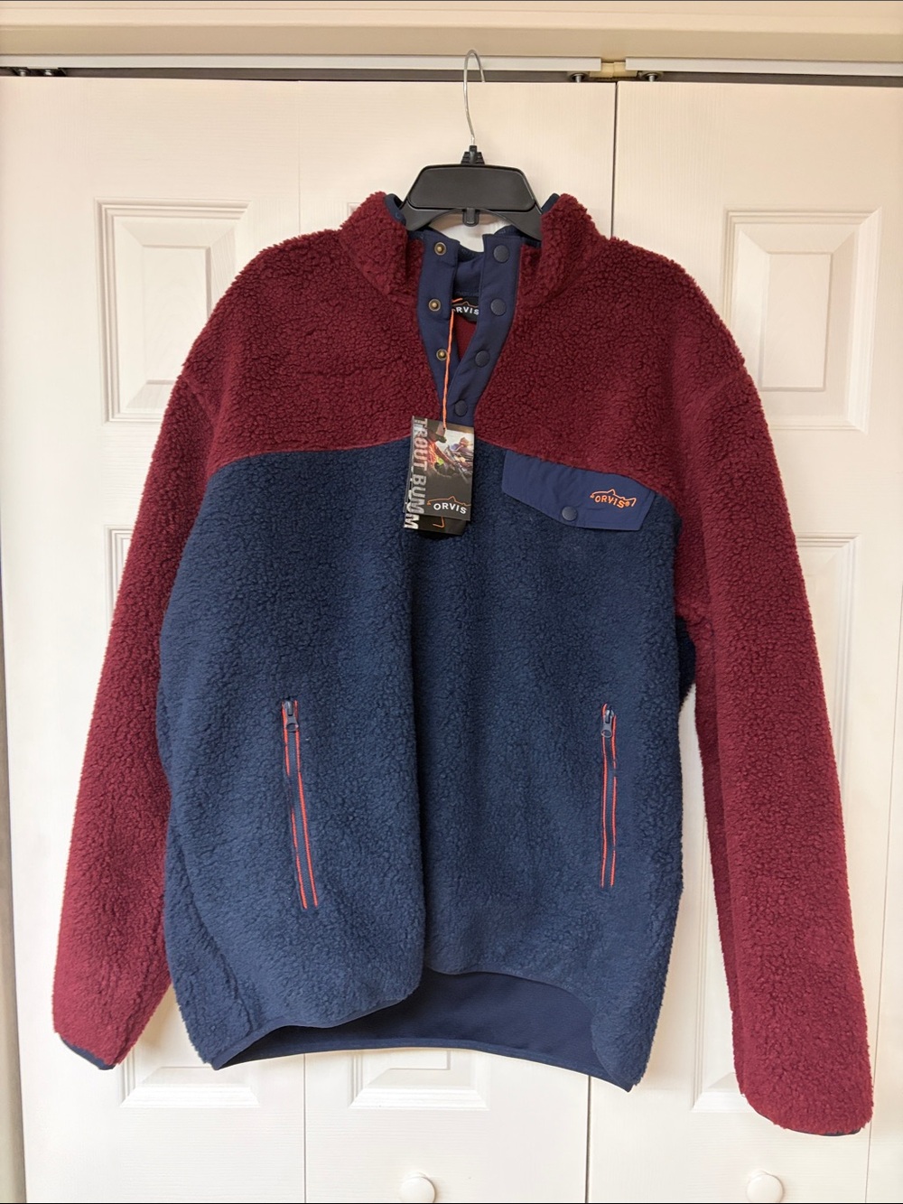 Orvis Two-Tone Sherpa Pullover in Burgundy and Navy